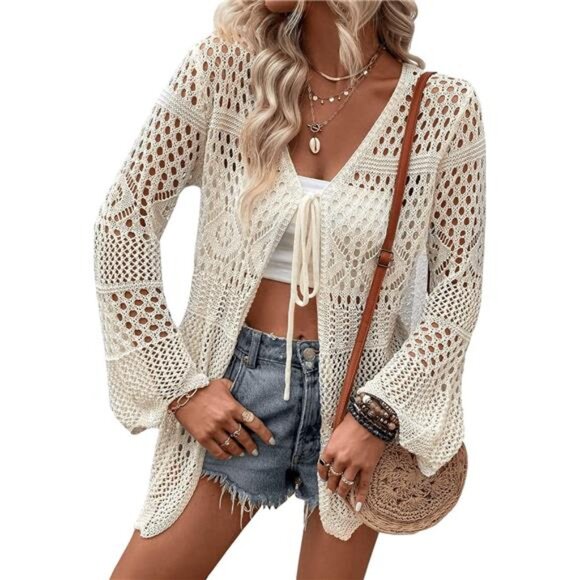 Tie Front Sheer Kimono Cardigan Cover Up Hollow Out Crochet Boho Beach Outfit - Picture 3 of 6